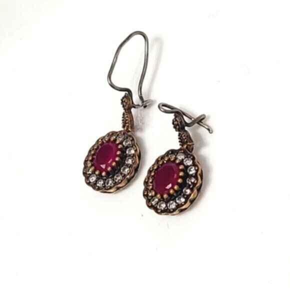 Vintage Antique Boho Sterling Silver Oval Ruby Crystal Halo Earrings - Picture 4 of 6